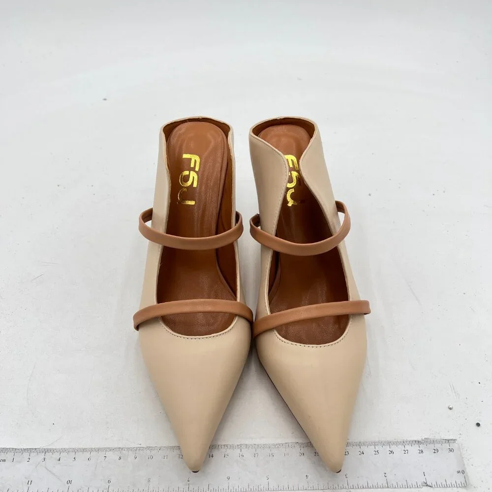 FSJ Women Fashion Pointy Toe Mules Sandals High Heels Pumps Double Straps Slide - Picture 2 of 7